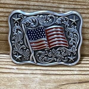 American Flag Belt Buckle Men's Rectangular Silvertone Western Cowboy USA‎ Rodeo